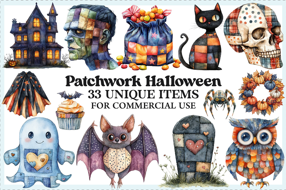 Patchwork Halloween Clipart Bundle, an Illustration by Craft Nest (Photo 1 of 9)