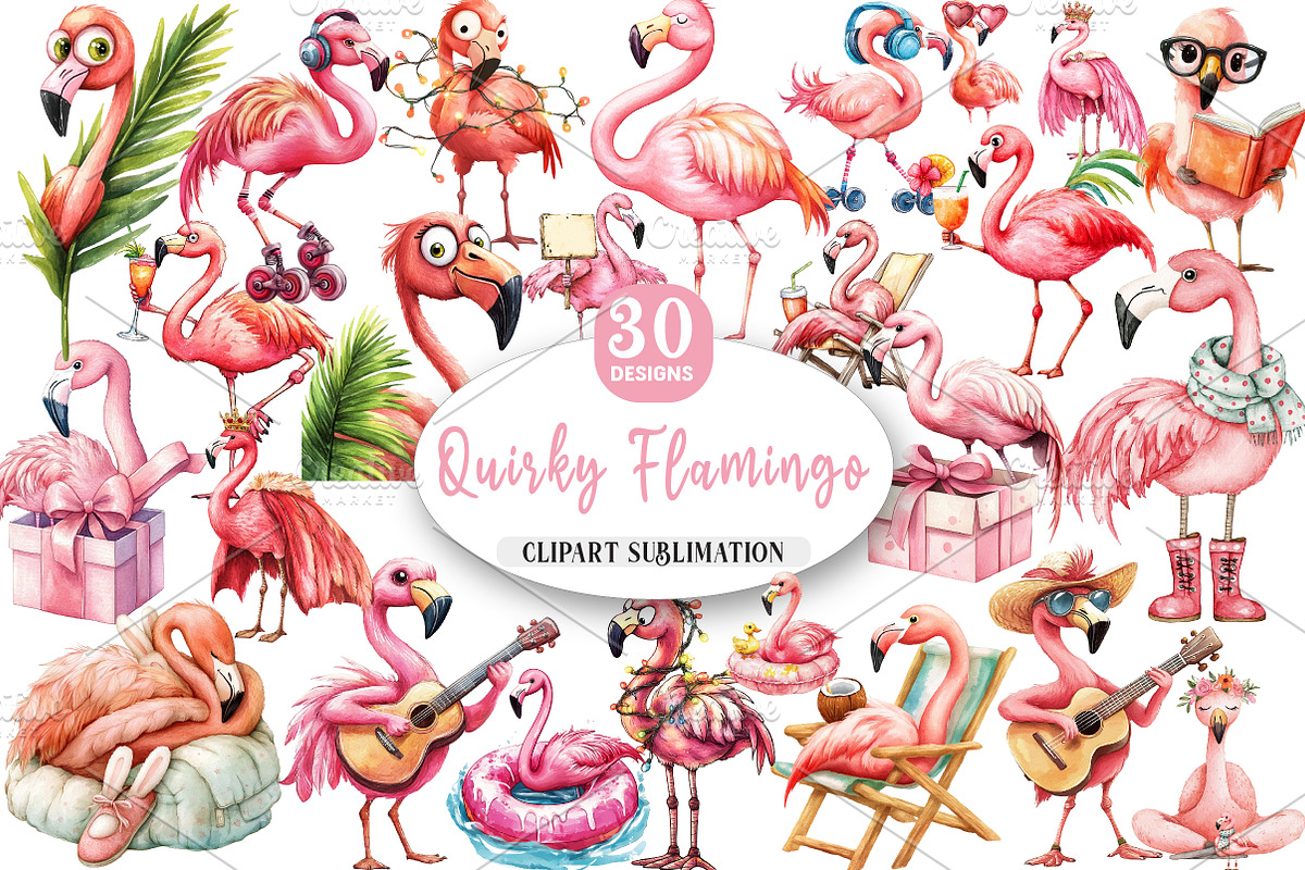 Quirky Flamingo Clipart, an Illustration by Watercolor design (Photo 1 of 4)