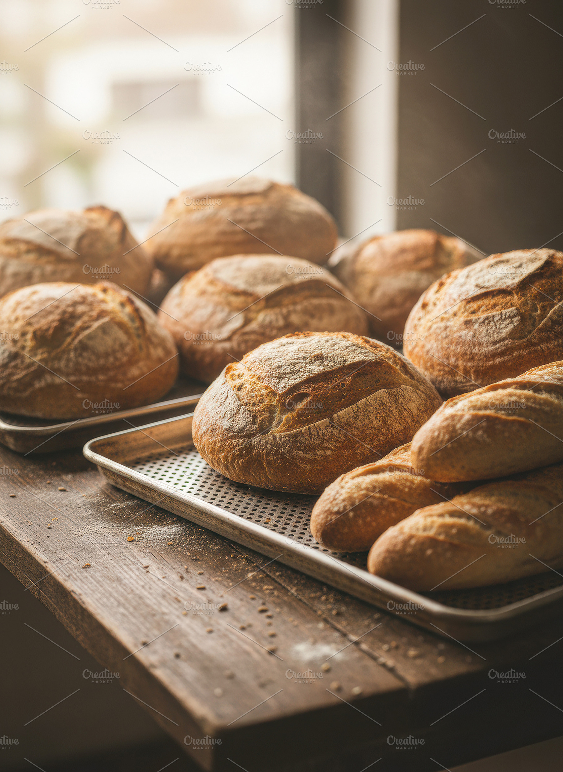 Artisan Sourdough Loaves on Rustic Bakery Table, a Food & Drink Photo by Davizro's Market