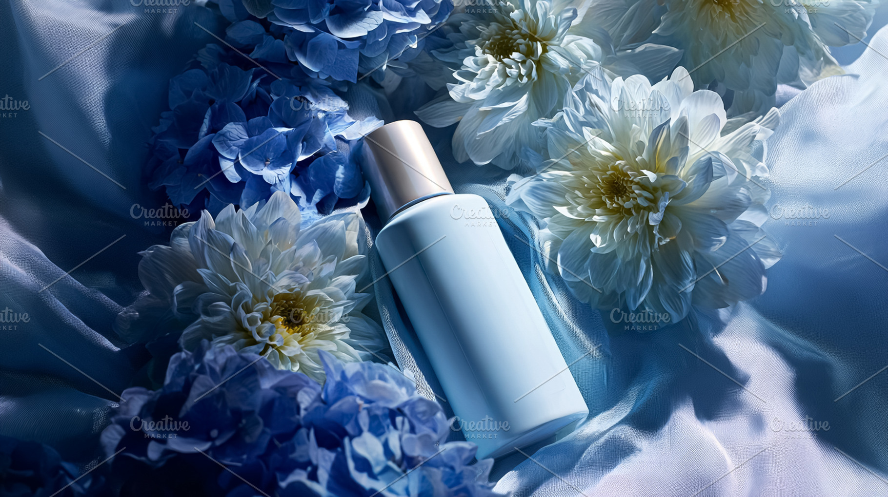 Skincare product bottle surrounded by blue hydrangea and white d, a Photo by Studio ANNA
