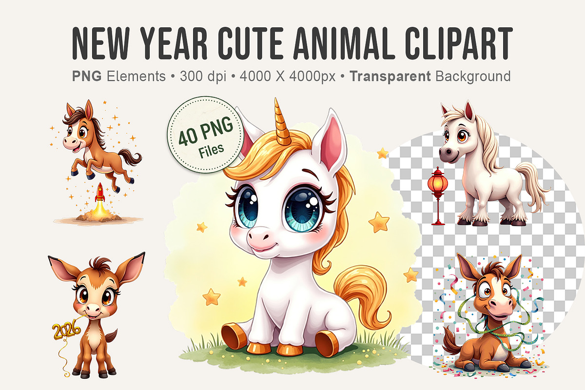 New Year Cute Animal Clipart, an Animal Illustration by Artnoy (Photo 1 of 8)