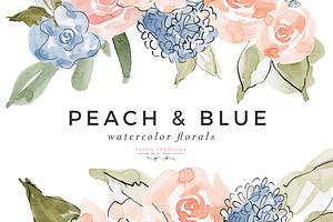 Peach & Blue Watercolor Flowers PNG