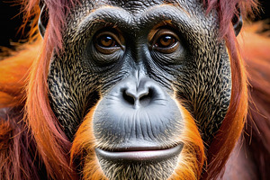 Orangutan with reddish hair and thoughtful expressive brown eyes, an Animal Photo by GoodGoods