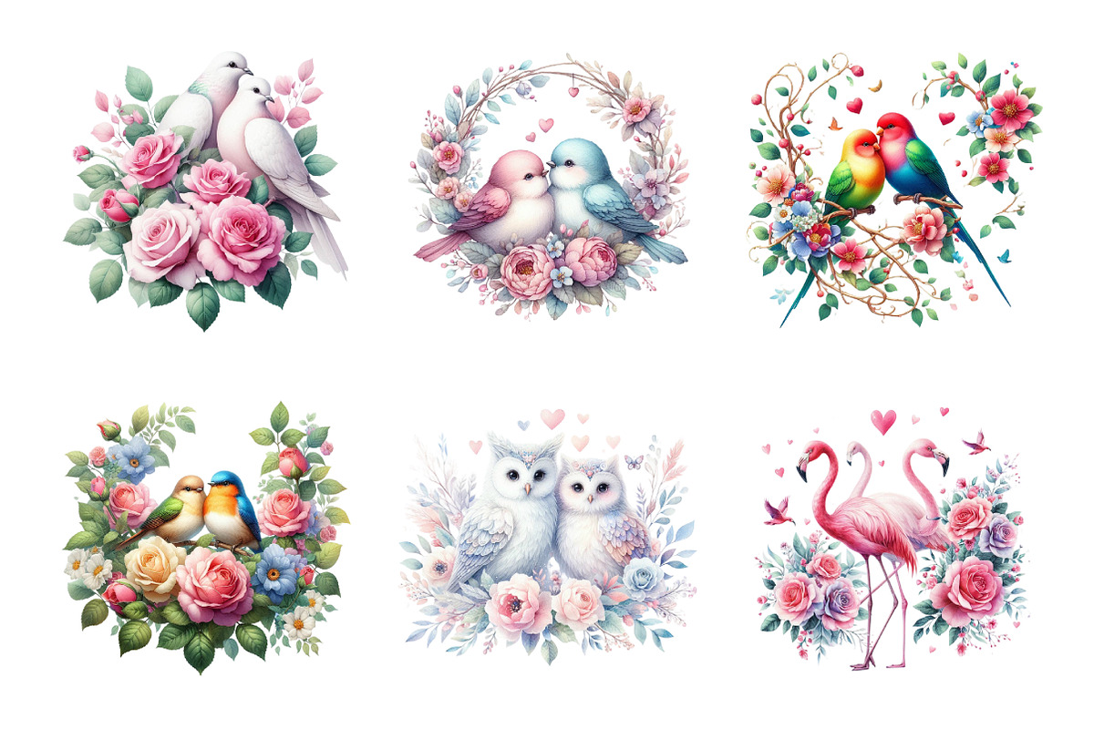 Romantic Bird Couples Clipart, an Illustration by SinaCreation (Photo 4 of 11)