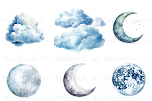 Watercolor Night Sky Clipart, Moon