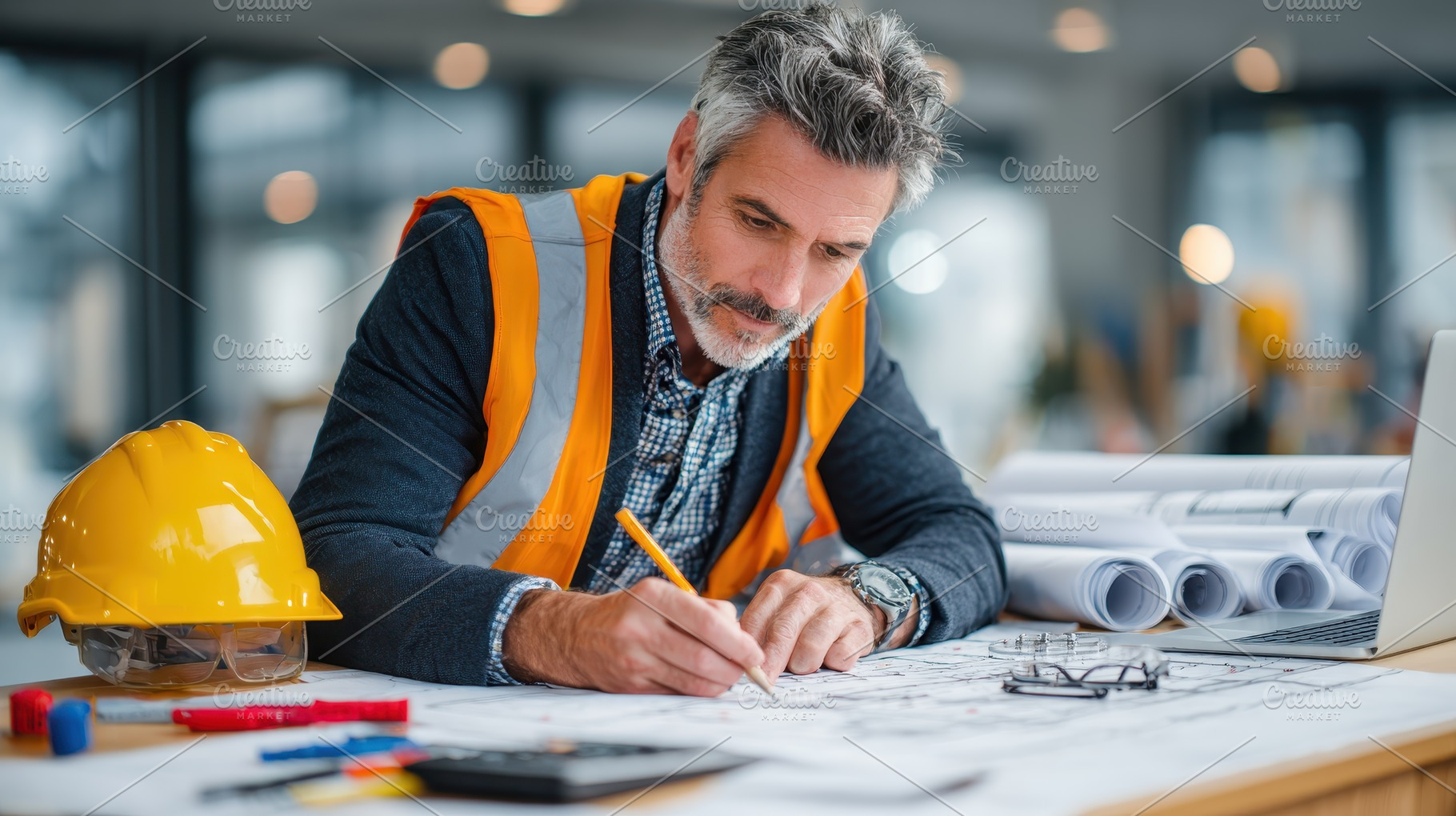 Architect reviewing blueprints desig, a Photo by Pixeness Studio