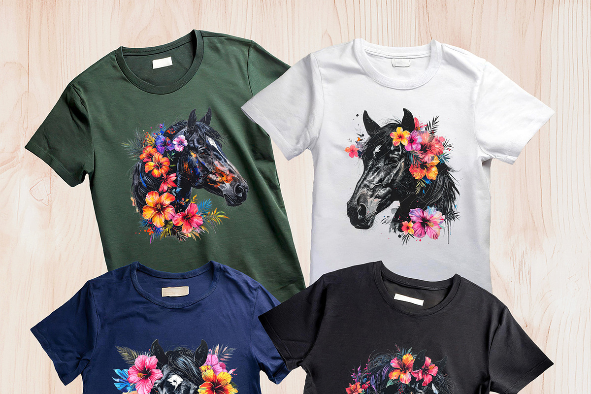 Black horse head with flowers, an Animal Illustration by yod67 (Photo 2 of 8)