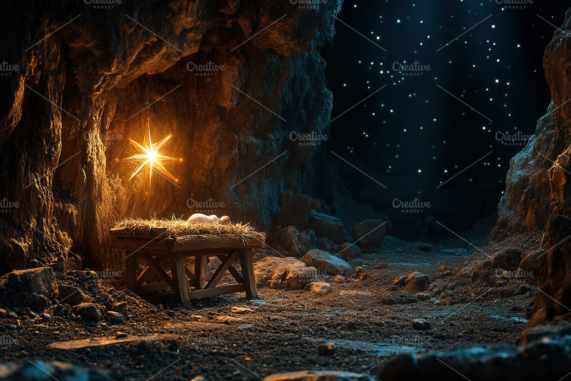 Star shines brightly over a rustic n, a Photo by Tanuart
