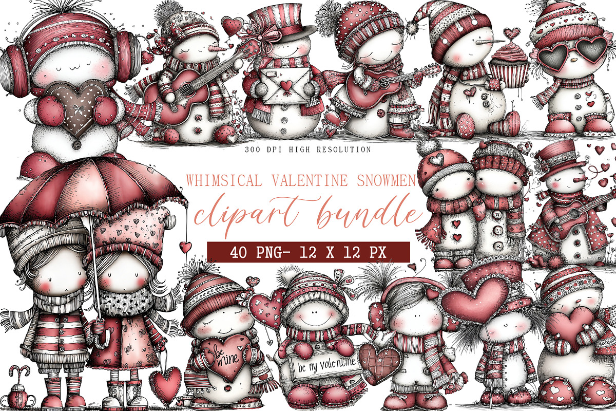 Whimsical Valentine Snowmen Clipart, an Illustration by DreamArtGraphic (Photo 1 of 4)