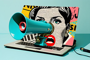 Pop Art Retro Collage With Laptop And Megaphone