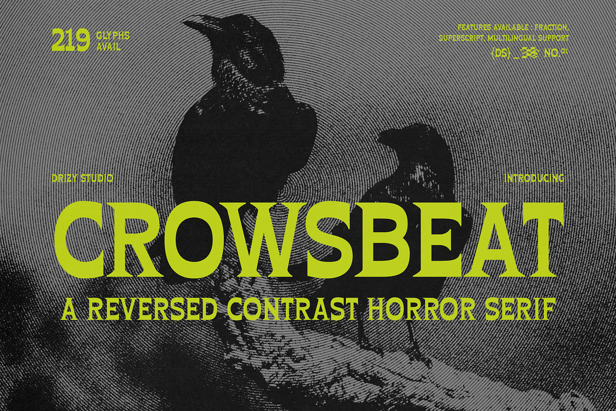 Crowsbeat – Reversed Contrast Horror, a Serif Font by Drizy (Photo 1 of 10)