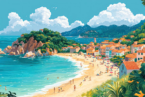 Colorful seaside village with terracotta rooftops, sandy beach,, a Holiday Photo by José Manuel Gelpi