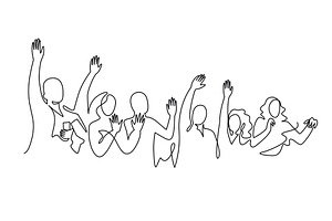 Cheerful crowd cheering one line art