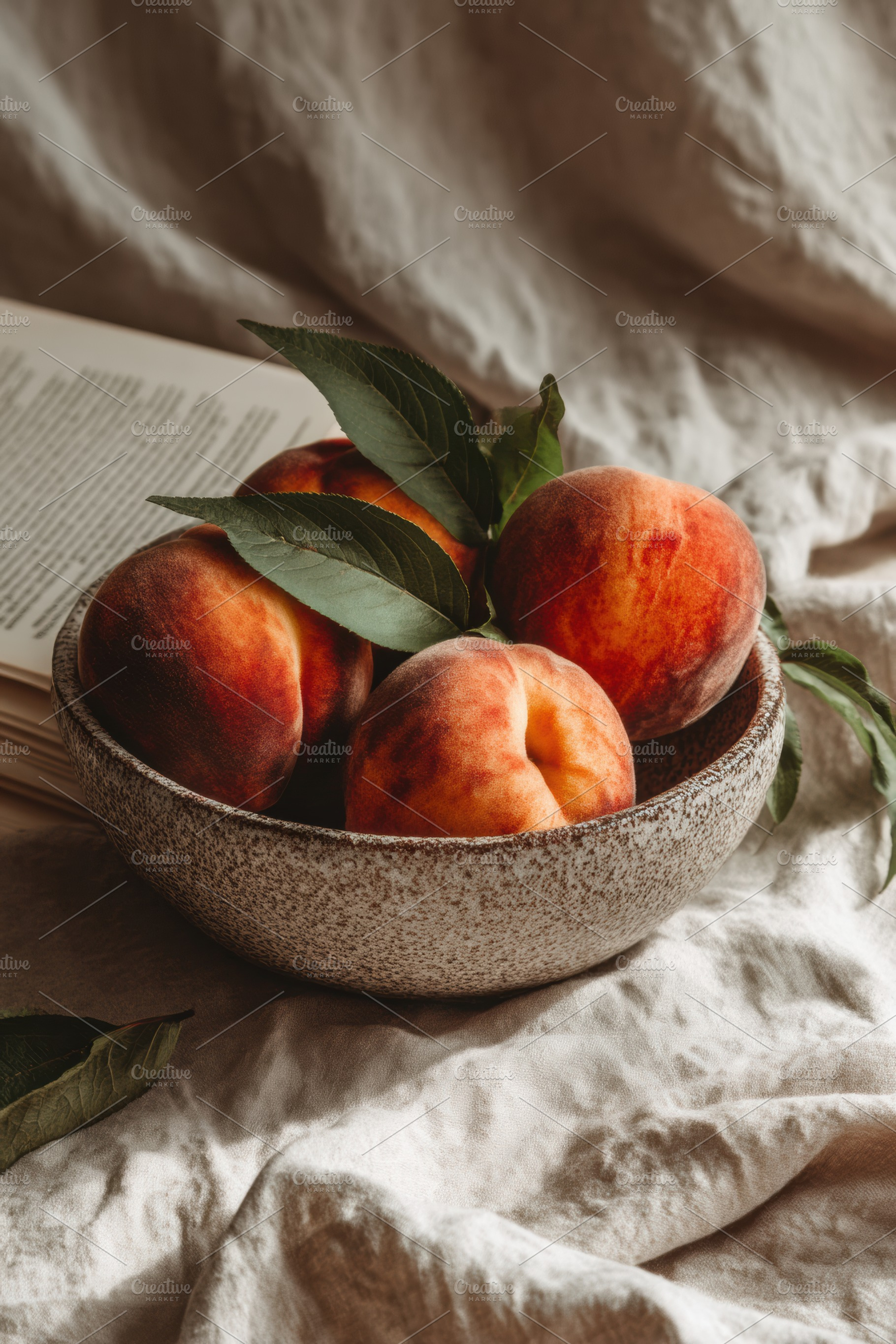 Ripe peaches in stoneware bowl, a Food & Drink Photo by Virgo Studio