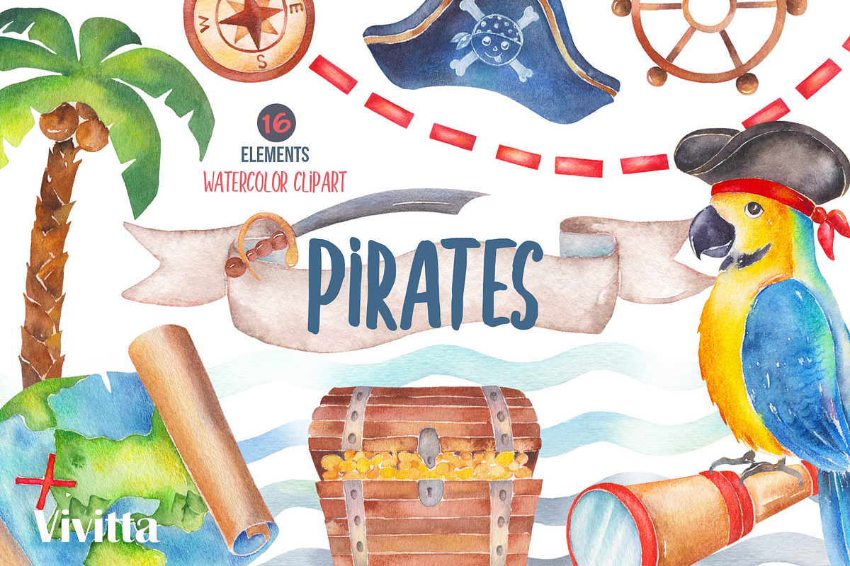 Pirates Party watercolor clipart set, an Illustration by Vivitta (Photo 1 of 5)