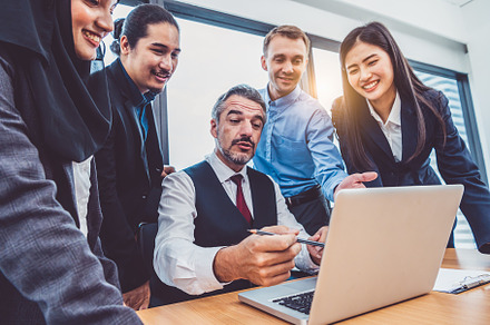 Group of multiethnic business people training by executive senio, a Business Photo by Ministocker