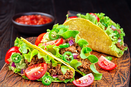 Taco with ground beef meat  mashed featuring taco, shell, and lettuce, a Food & Drink Photo by iuliia_n