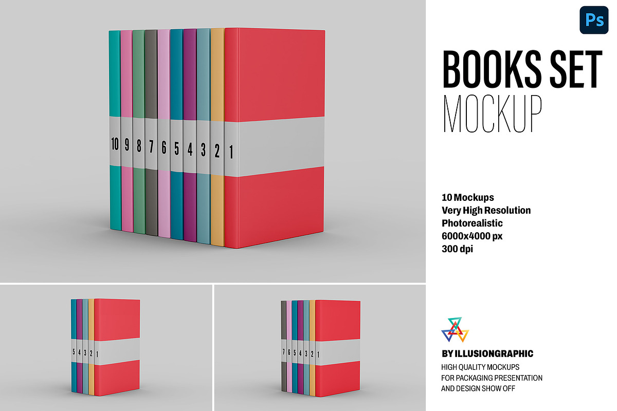Books Set Mockup - 10 views, a Books & Magazine Mockup by Illusiongraphic (Photo 1 of 21)