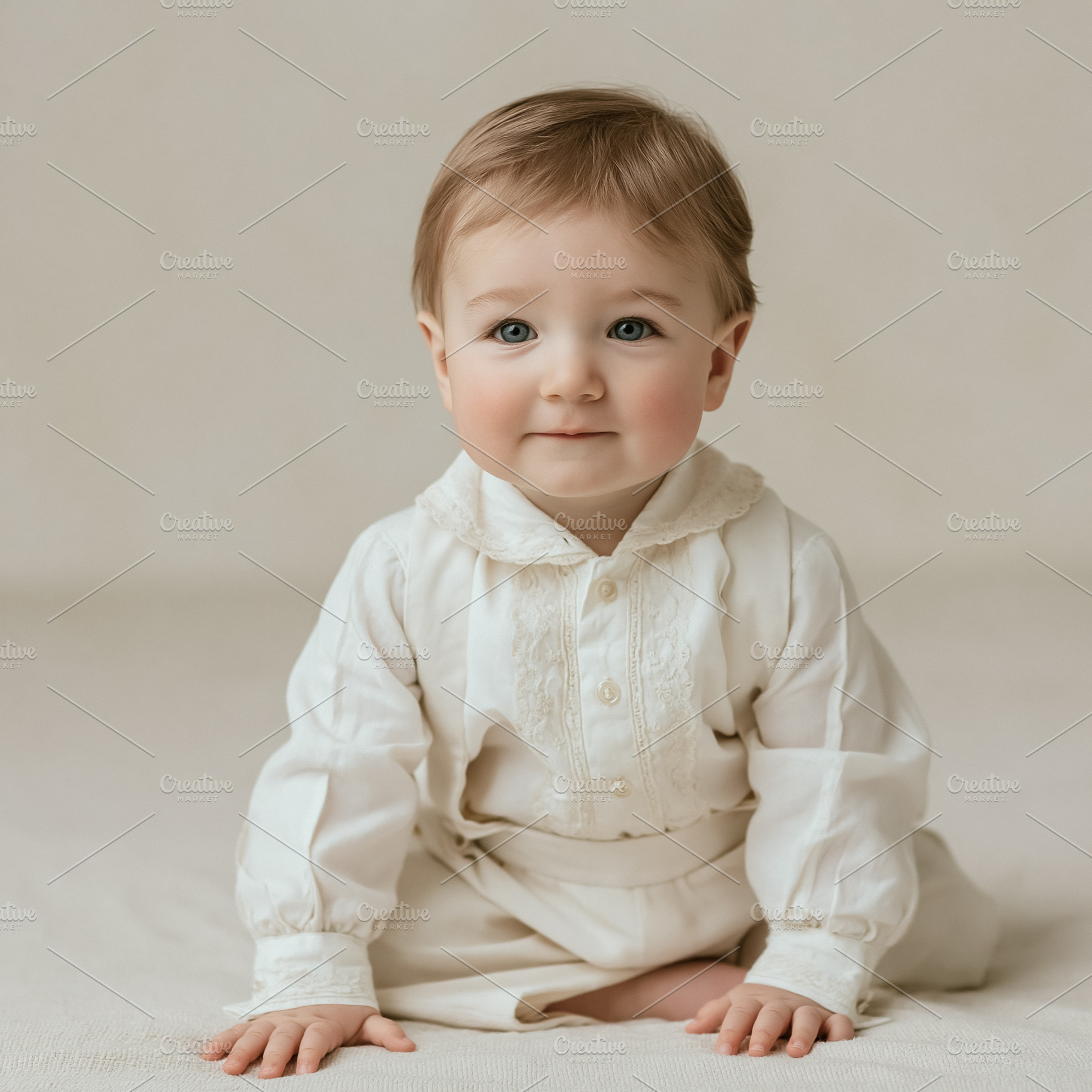 Adorable baby boy with gentle smile wearing vintage inspired whi, a Photo by Studio ANNA