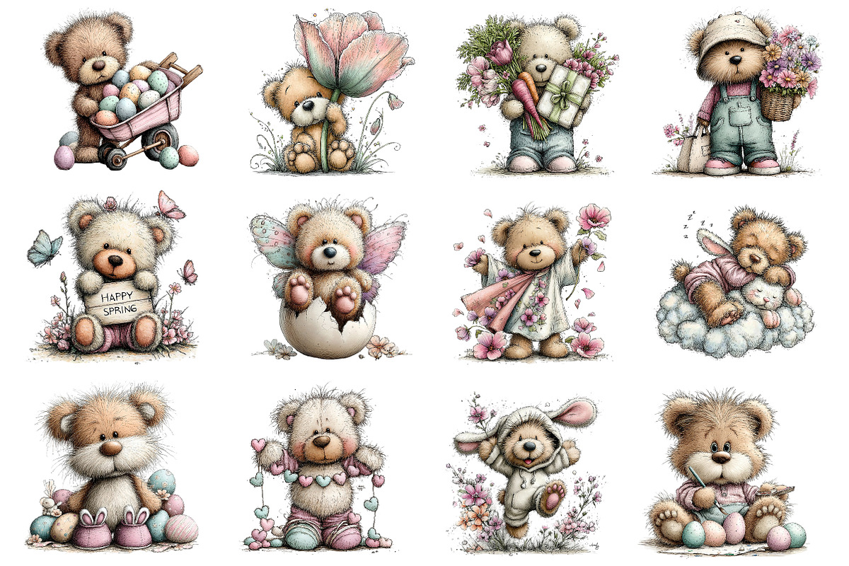 Whimsical Spring Teddy Bear Clipart, an Illustration by Dream Creation (Photo 3 of 5)