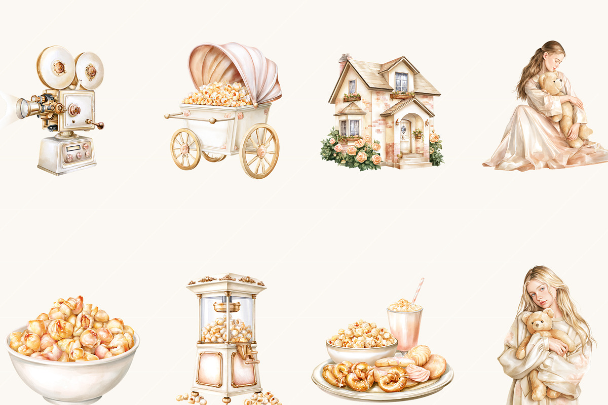 Watercolor Cozy Movie Night Clipart, an Object Illustration by BusyDaydesign (Photo 2 of 9)