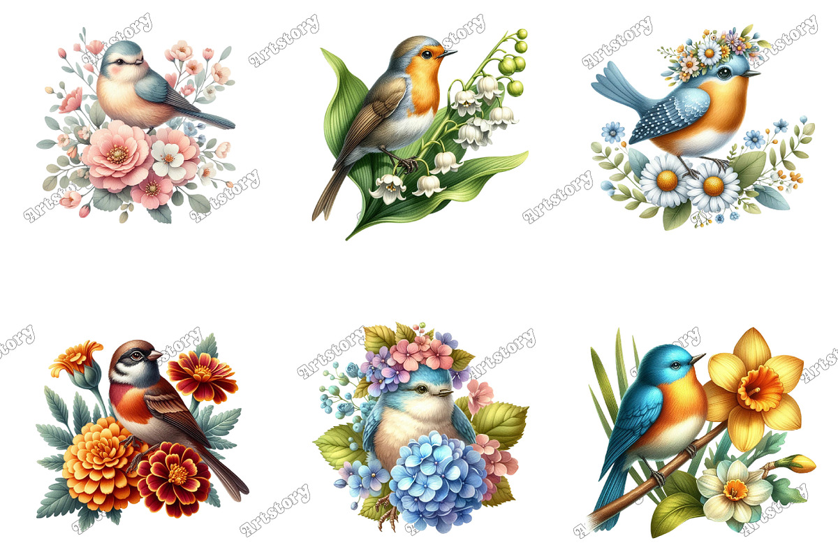 Watercolor Spring Floral Birds Clipa, an Illustration by designcity5 (Photo 3 of 5)