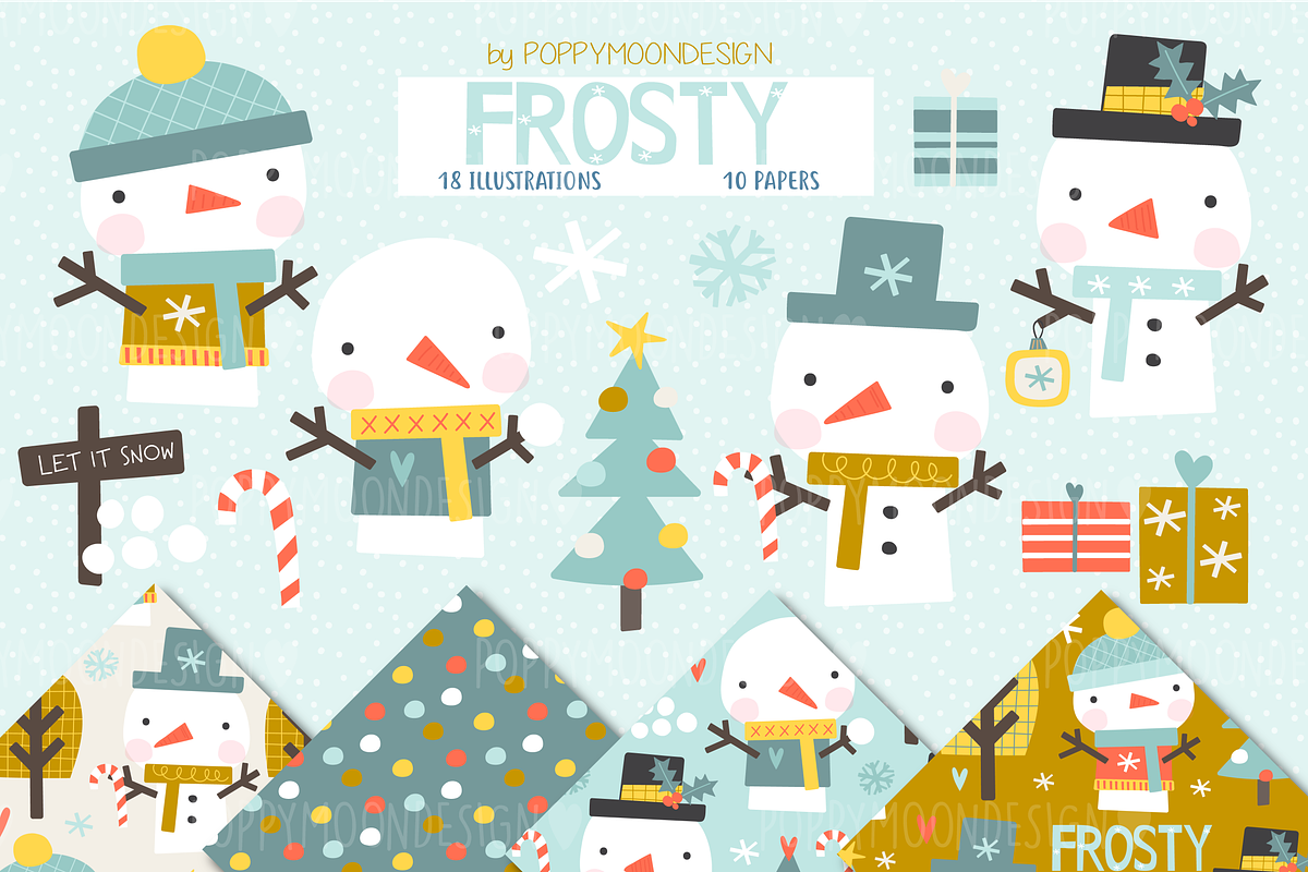 Frosty, snowmen clipart & paper set, a Seasonal Illustration by Poppymoondesign (Photo 1 of 6)