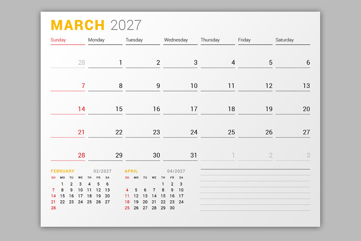 Wall Calendar 2027 (WC027-27-S), a Stationery Template by mikhailmorosin (Photo 5 of 7)