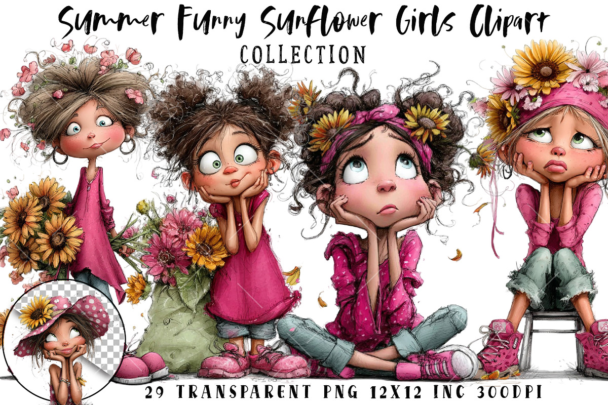 Summer Funny Sunflower Girls Clipart, an Illustration by OK Design (Photo 1 of 6)
