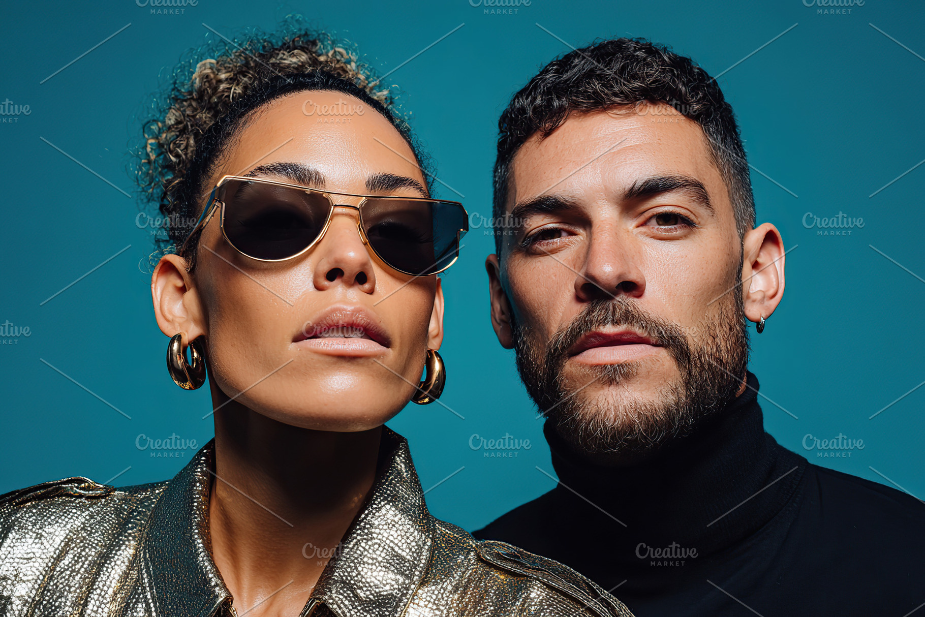 Stylish couple poses confidently in trendy sunglasses against vibrant blue back, a Photo by AlyaAnd