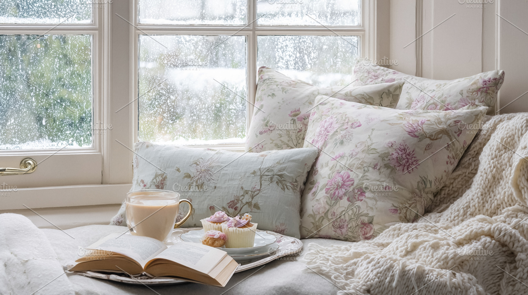 Cozy window seat with reading book, tea, and cupcakes, enjoying, a Photo by Studio ANNA