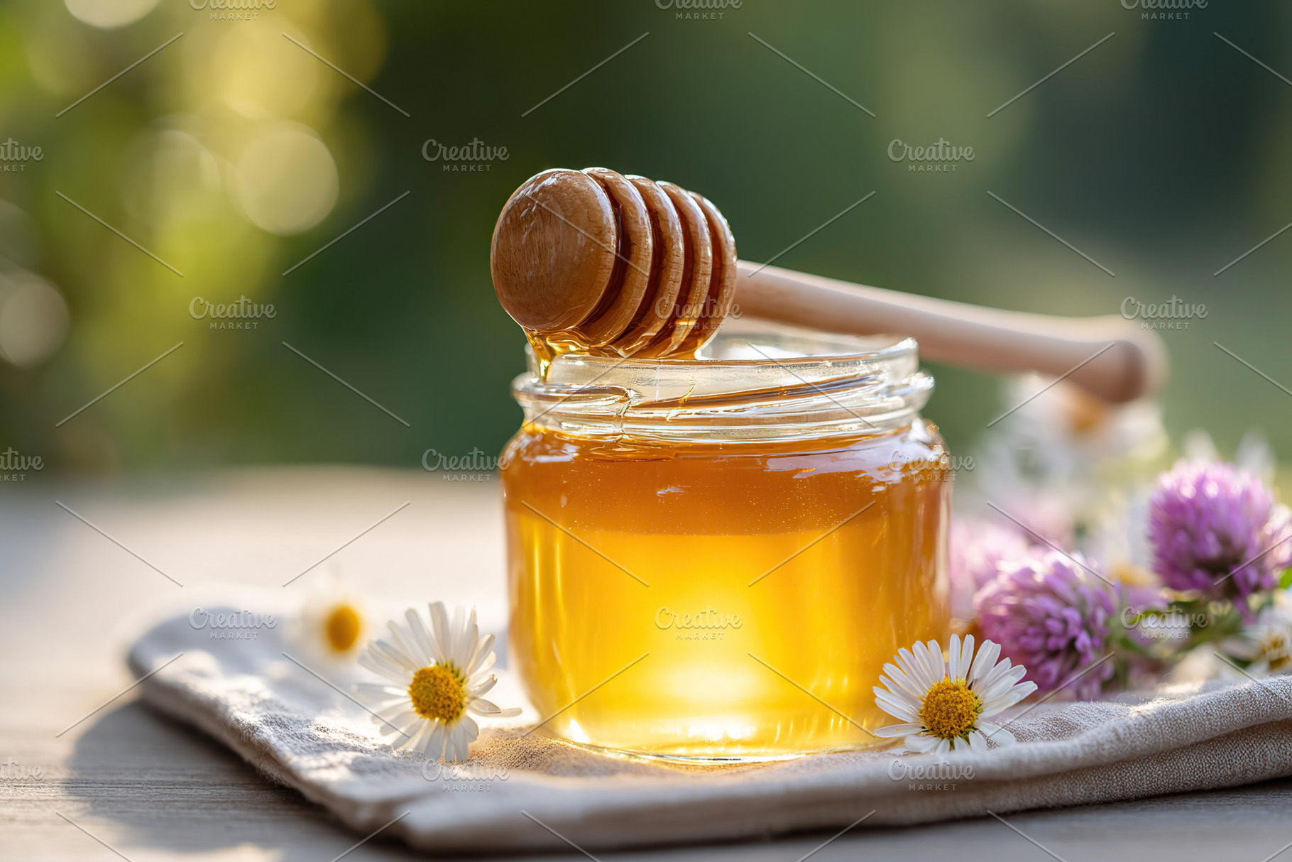 Still life showcasing a glass jar filled with honey and adorned with wildflower, a Photo by AlyaAnd