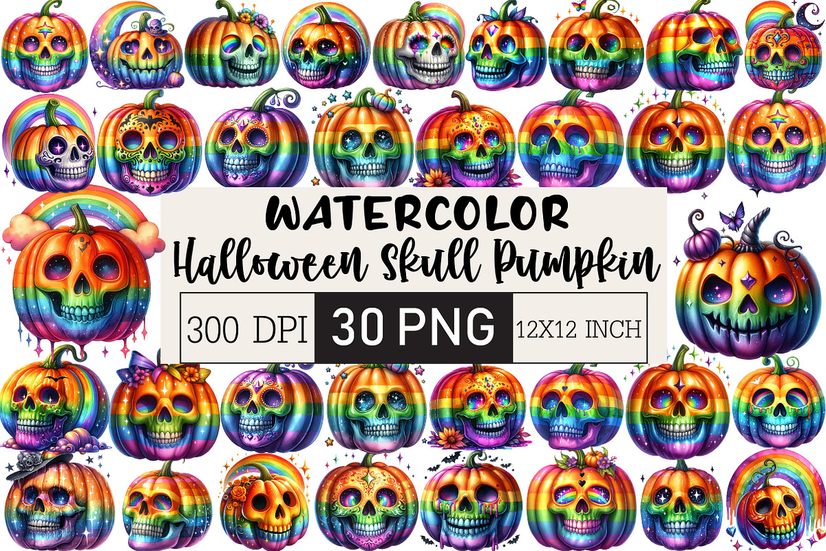 Halloween Skull Pumpkin Clipart, an Illustration by Black Bird Studio (Photo 1 of 6)