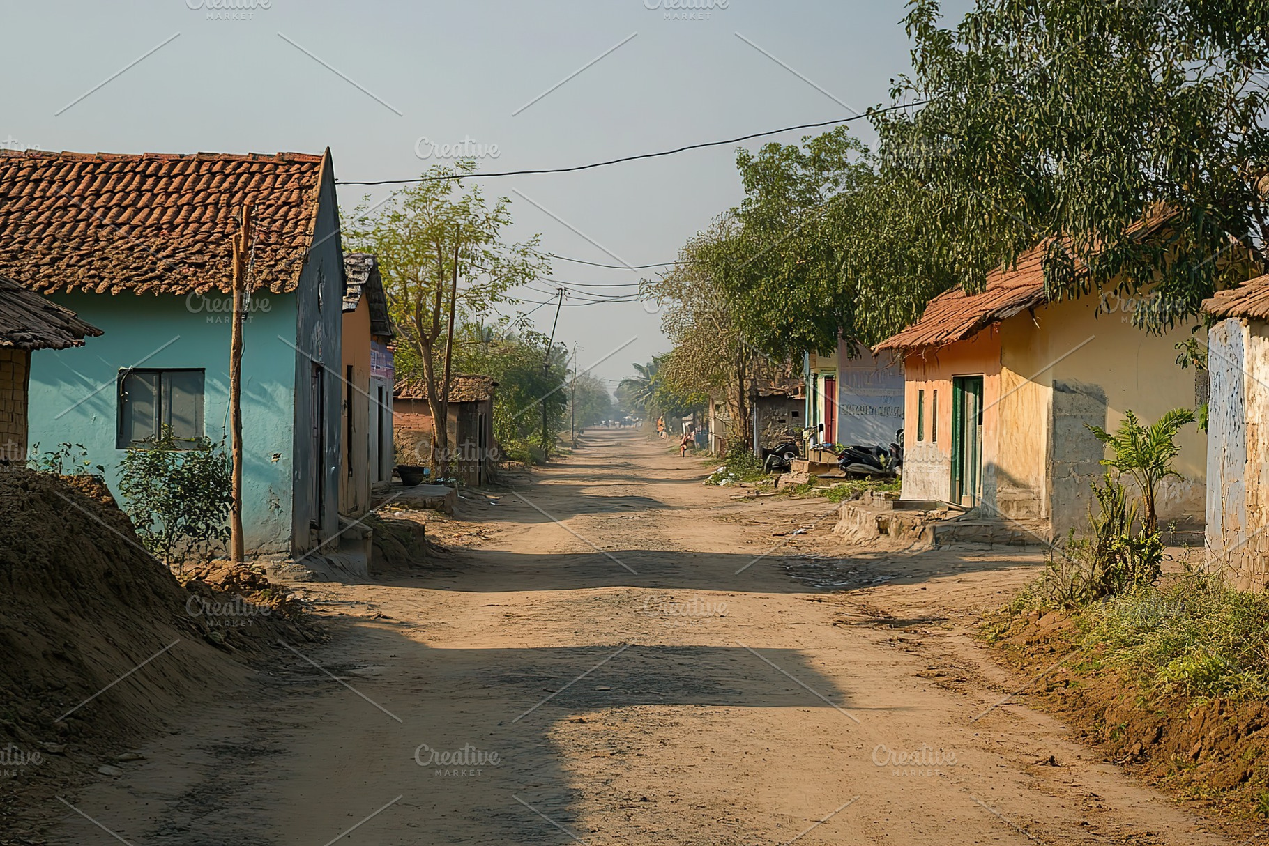Morning stroll through a quiet Indian village street during daytime, an Architecture Photo by AlyaAnd