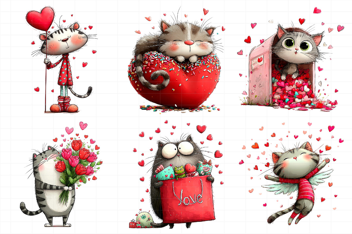 Whimsical Cats Valentines Day Clipar, an Illustration by Daily.Designs (Photo 7 of 8)