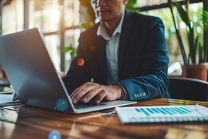 Businessman working on laptop in modern office, a Business Photo by AlyaAnd