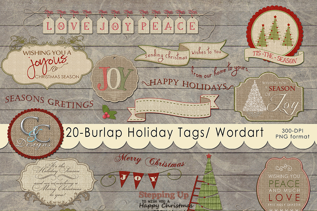 20 Burlap Holiday Tags- Word Art