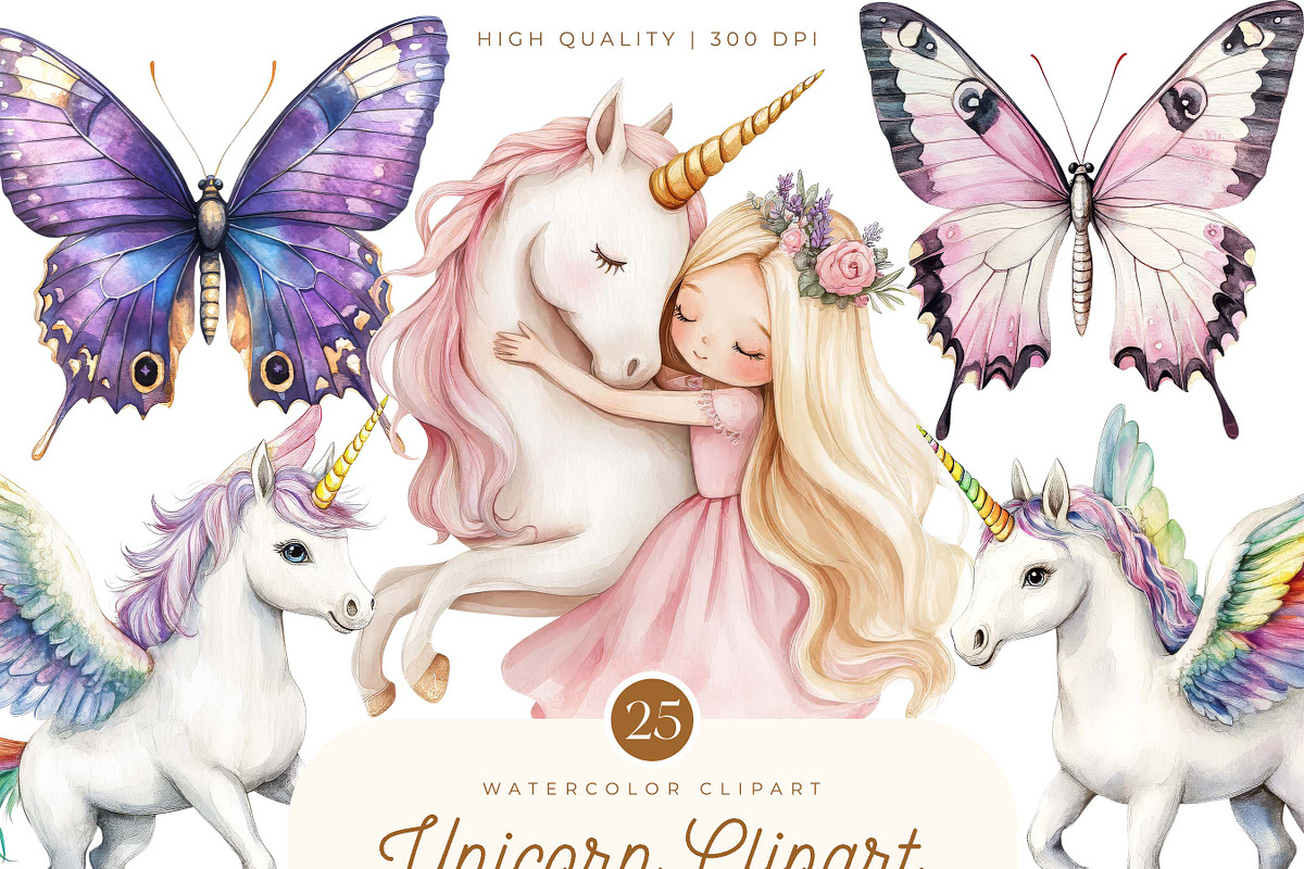 Watercolor Unicorn Fairy Clipart, an Animal Illustration by SparkyDesignsUS (Photo 2 of 9)