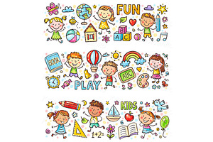 Set of cartoon doodle kids borders, a Decorative Illustration by Bubert Art