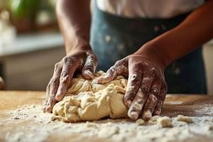 Kneading bread dough in a kitchen, a Photo by Beautiful things