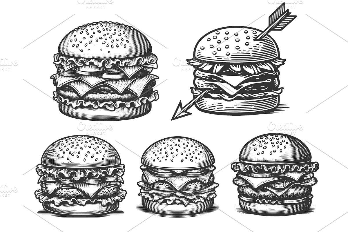 Burger Cheeseburger engraving vector, a Food Illustration by AlexArt
