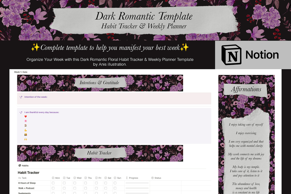 Dark Habit Tracker Weekly Planner, a Design Template by Anis Illustration (Photo 2 of 8)
