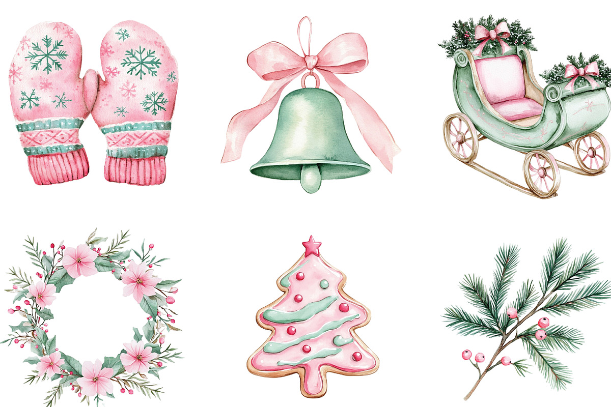 Mint & Pink Christmas Clipart, an Illustration by CraftArtStudio (Photo 3 of 6)
