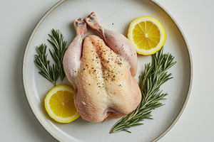 Chicken on white plate with lemon an, a Food & Drink Photo by Pixeness Studio