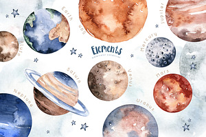 Watercolor Space Explorers. Kids Set