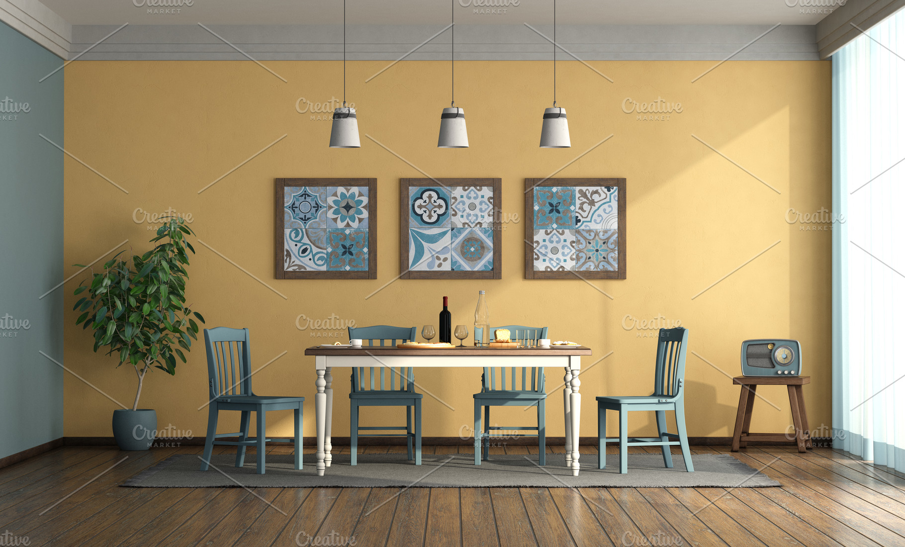 Vintage style dining room with blue, an Architecture Photo by Archideaphoto