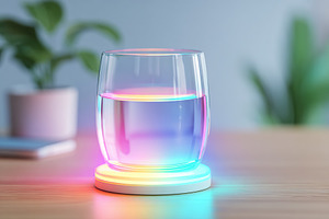 Floating neon reminder interface illuminating a glass of water on a wooden tabl, a Food & Drink Photo by AlyaAnd