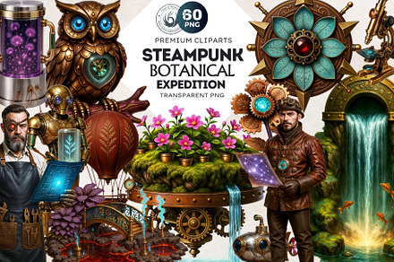 Steampunk Botanical Expedition PNG, a Decorative Illustration by ThatsDesign Art