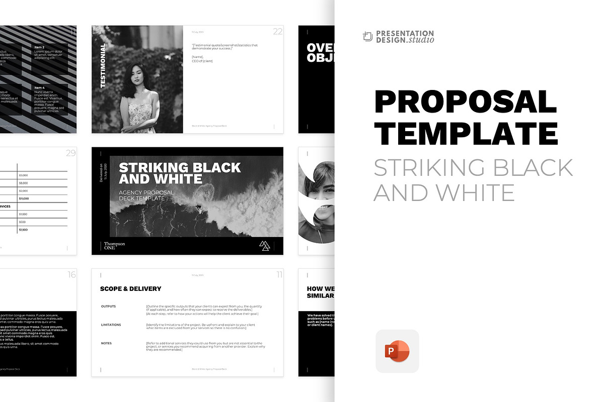 Striking B&W Proposal Template, a Presentation Template by PresentationDesignStudio (Photo 1 of 6)