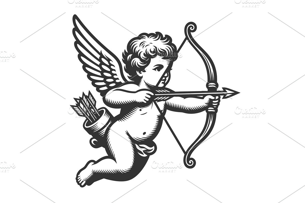 cupid aiming bow and arrow engraving, an Illustration by AlexArt